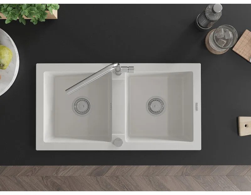 Mexen Mario, 2-komorový granitový drez 820x436x161 mm a drezová batéria Flora, biela, 6504-20-670401-00