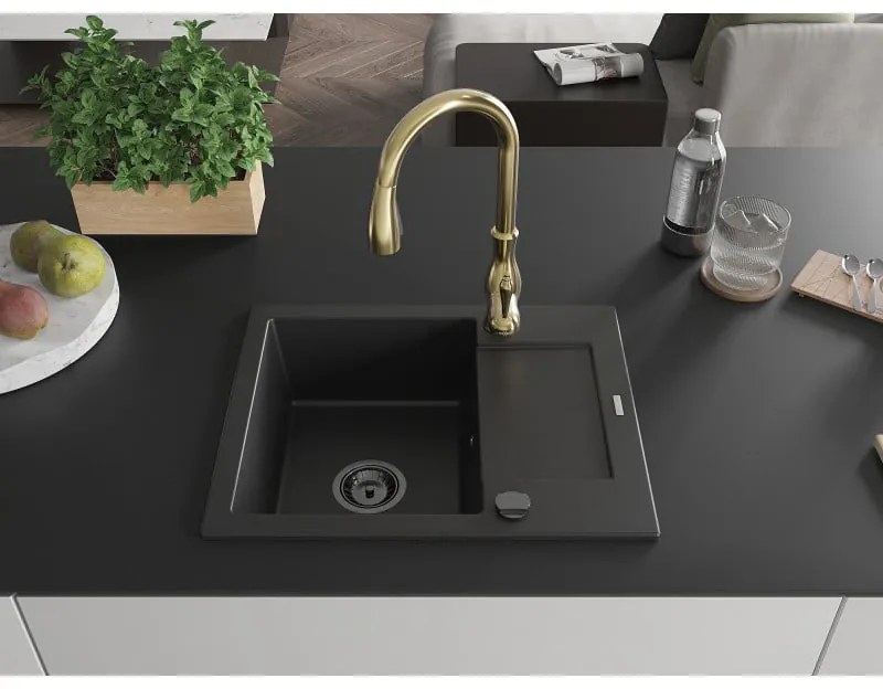 Mexen Enzo, 1-komorový granitový drez 576x465x174 mm a drezová batéria Savita, čierna, 6506-77-672601-50-B