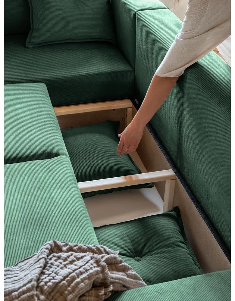 Zelená menčestrová rozkladacia rohová pohovka (ľavý roh) Lazy Lukka – Miuform