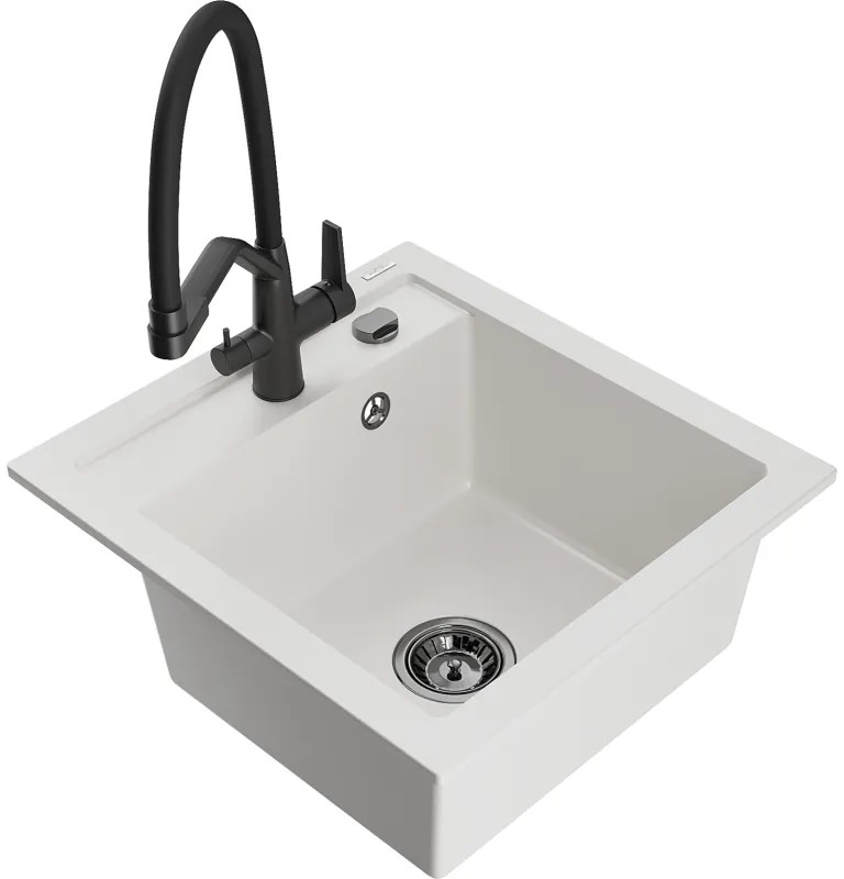 Mexen Vito, 1-komorový granitový drez 520x490x210 mm, drezová batéria Duo, biela, 6503-20-671701-70-B