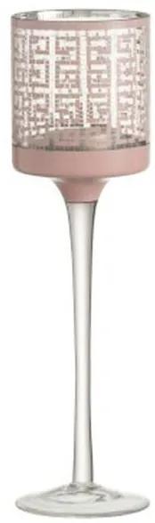 Ružový sklenený svietnik na nožičke s ornamentami - Ø 7 * 25cm