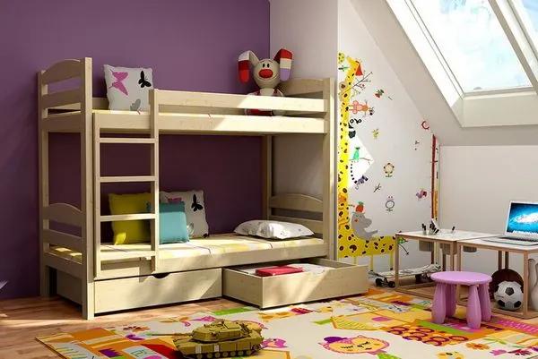 MAXMAX Detská poschodová posteľ z MASÍVU 200x80cm so zásuvkami - PP004 200x80 ÁNO