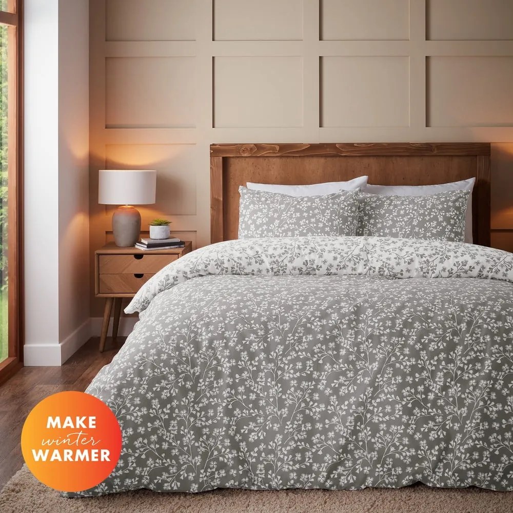 Sivé flanelové obliečky na dvojlôžko/predĺžené 230x220 cm Grace Floral Leaf – Catherine Lansfield