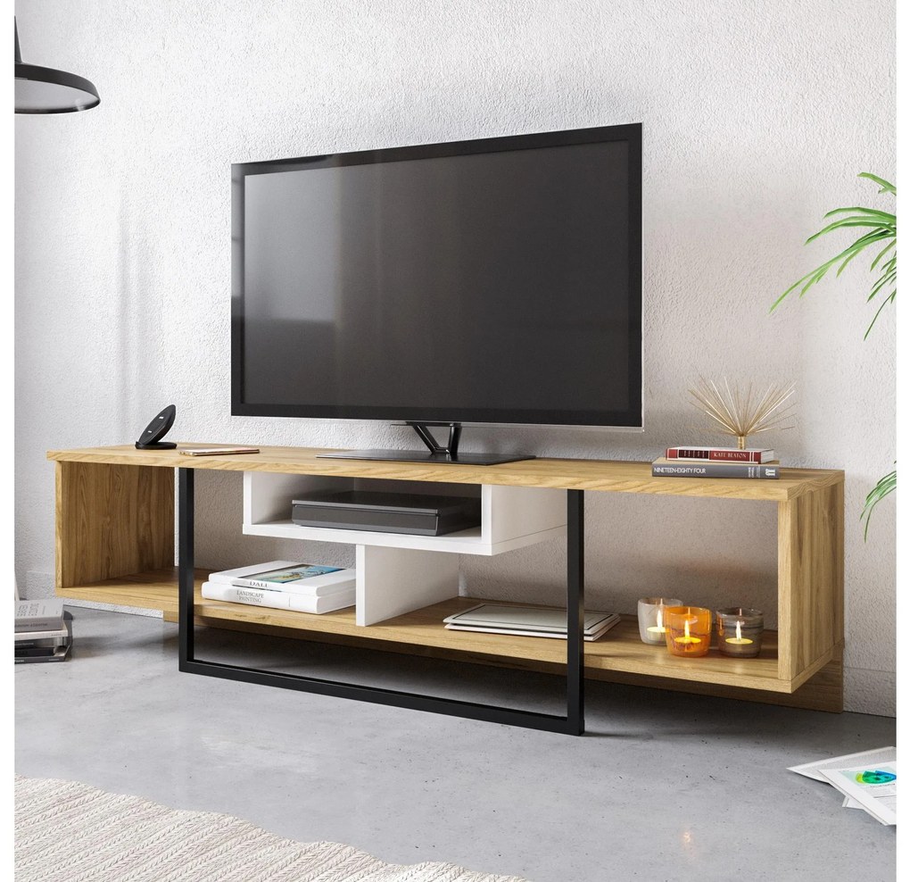 TV stolík/skrinka Aslana 150 (biela + čierna + dub). Akcia -19%. Vlastná spoľahlivá doprava až k Vám domov. 1101383