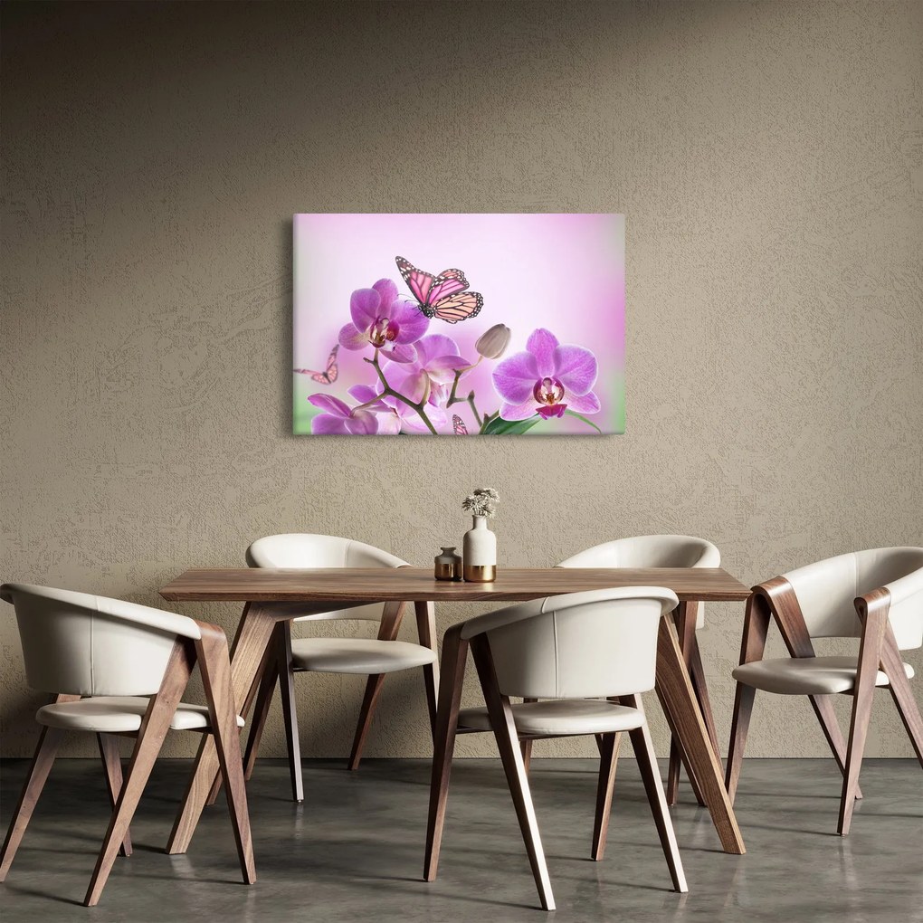 Obraz - Motýľ na kvetoch orchidey, lila (90x60 cm)