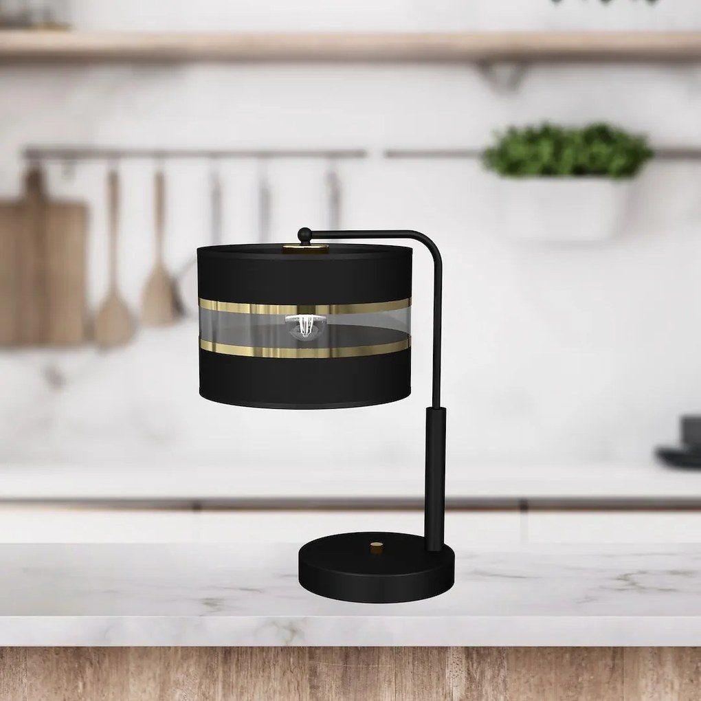 Stolná lampa Ultimo, 1x čierne/zlaté textilné tienidlo, b