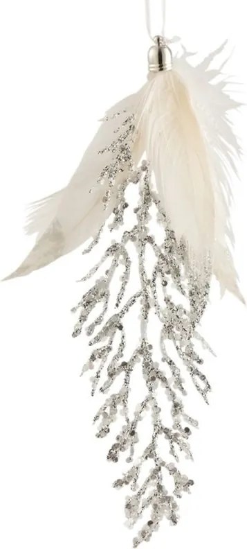 Závesná ozdoba strieborná vetvička s bielymi pierkami - 8*2*18 cm