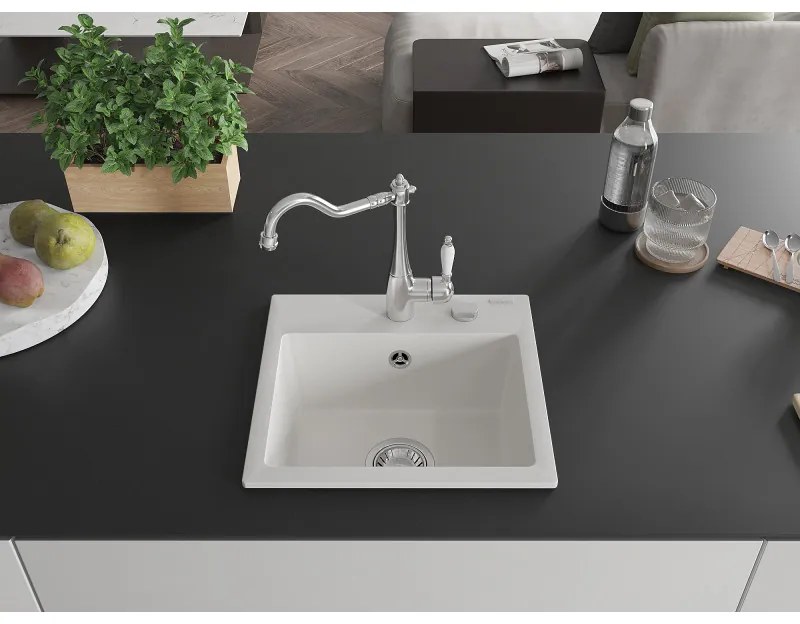 Mexen Milo, granitový drez 435x410x171 mm, 1-komorový a drezová batéria Carla, biela, 6505-20-670700-00