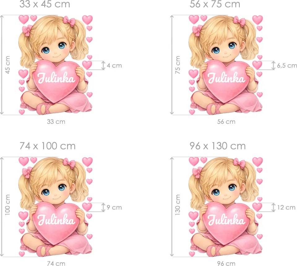 Blond dievčatko so srdiečkom a menom textilní prelepiteľná nálepka na stenu hárok 33 x 45 cm