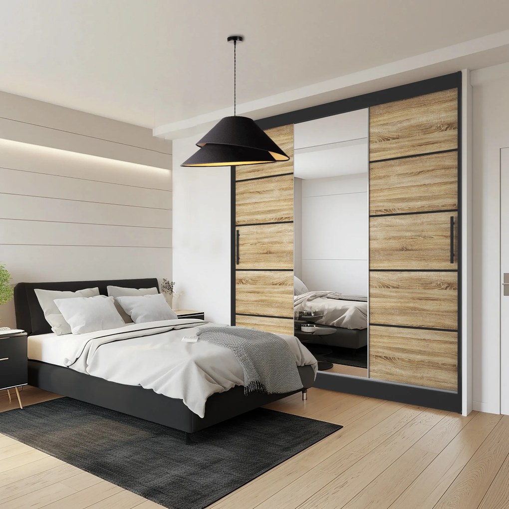 Šatníková skriňa 200 cm Belini čierny mat / dub sonoma s posuvnými dverami zrkadlom a zásuvkami  MT SZP5/1/B/DS/0/KLP