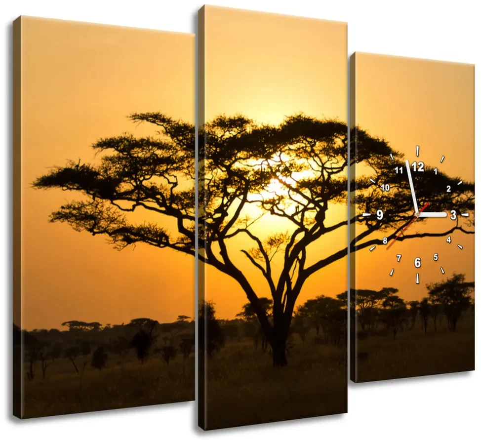 Gario Obraz s hodinami Akácia v Serengeti - 3 dielny Rozmery: 90 x 70 cm
