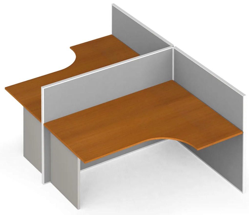 Rohový kancelársky písací stôl PRIMO s paravánmi, tvar T, nástenka, 2 miesta, sivá/čerešňa