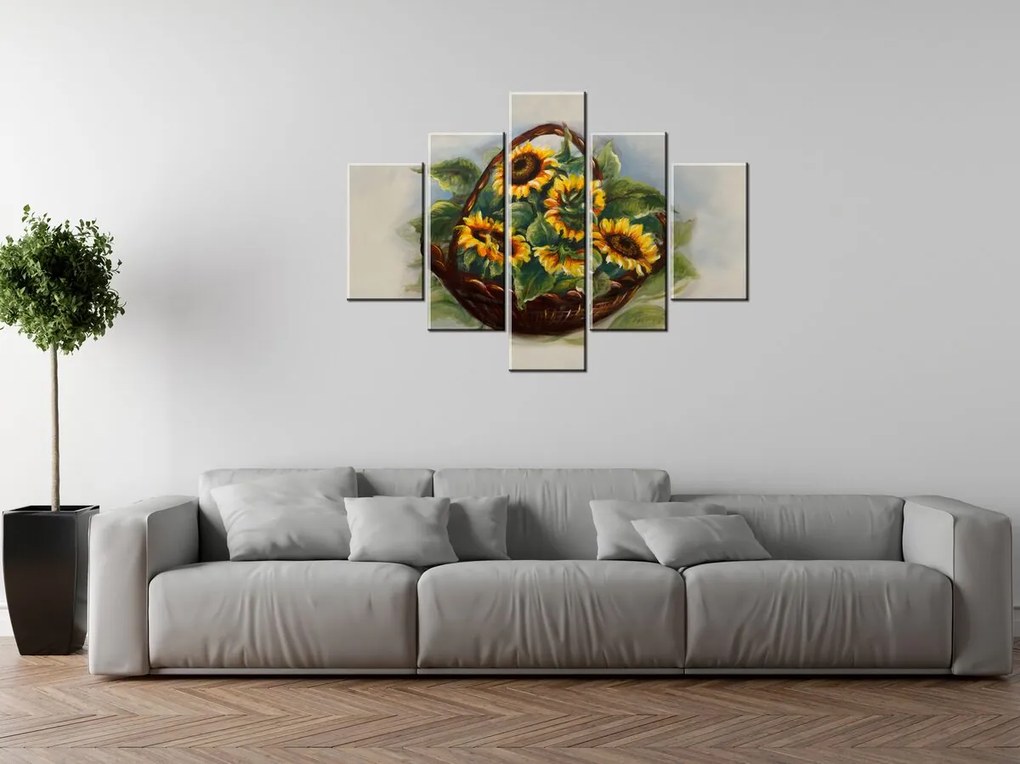Gario Ručne maľovaný obraz Košík slnečníc - 5 dielny Rozmery: 100 x 70 cm