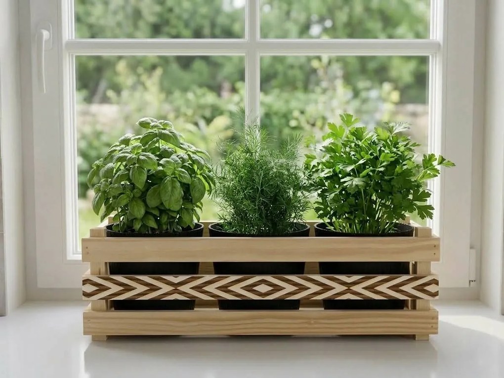 AMADEA Drevený obal s kvetináči s motívom kosoštvorcov, 47x17x15cm Český výrobok