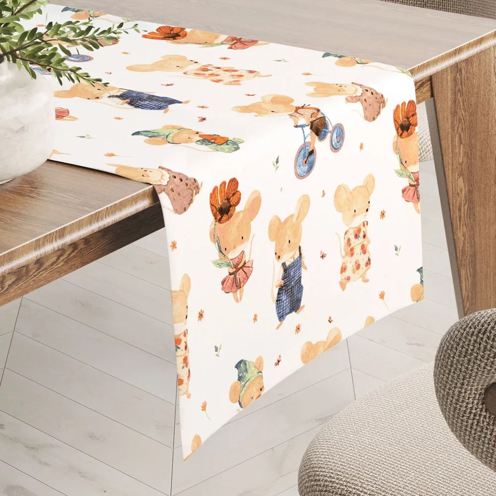 Biante Detský bavlnený behúň na stôl Sandra SA-611 Hravé myšky na bielom 35x140 cm
