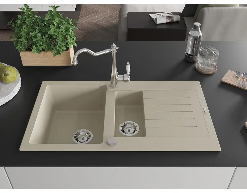 Mexen Matias, granitový drez 900x505x200 mm, 1,5-komorový a drezová batéria Carla, béžová, 6502-69-670700-00