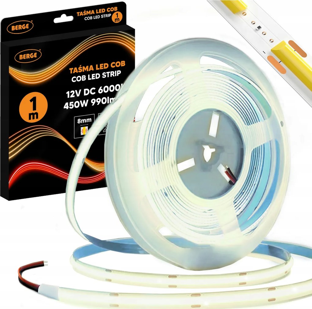 BERGE LED pásik COB Neon 12V - 480D - 9W/m - IP20 - 1m - 990lm - studená farba