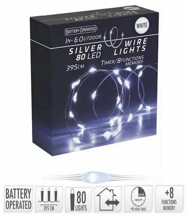 Svetelný drôt s časovačom Silver lights 80 LED, studená biela, 395 cm