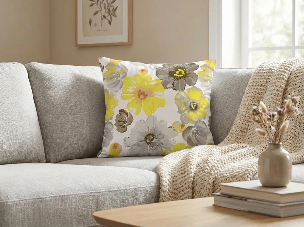 Sada 2 ks dekoračných obliečok na vankúš z mikrovlákna FEONELLE 45x45 cm, žlto-sivá