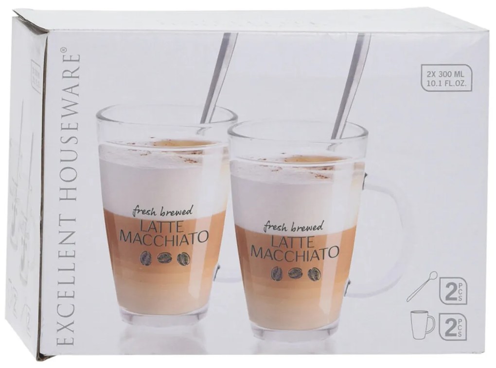 Sklenený hrnček s lyžičkou Latte 300 ml sada 2ks