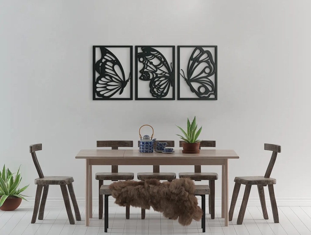 drevko 3-dielny obraz na stenu Motýle Rozmer obrazu: 28,5 x 65 cm, Farba dekorácie: Čierna