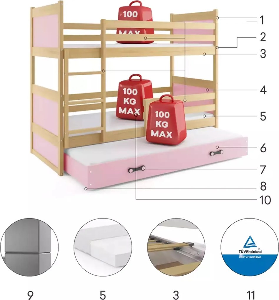 Poschodová posteľ s prístelkou RICO 3 200x90 Borovica - Ružová