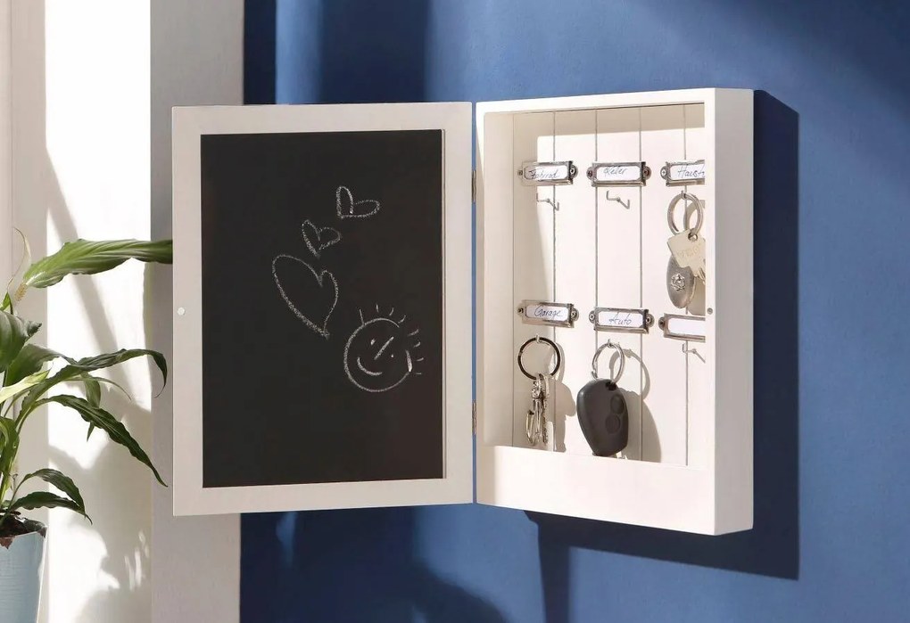 Zeller Present Skrinka na kľúče, vešiak na kľúče s tabuľou, drevená, biela BLACKBOARD