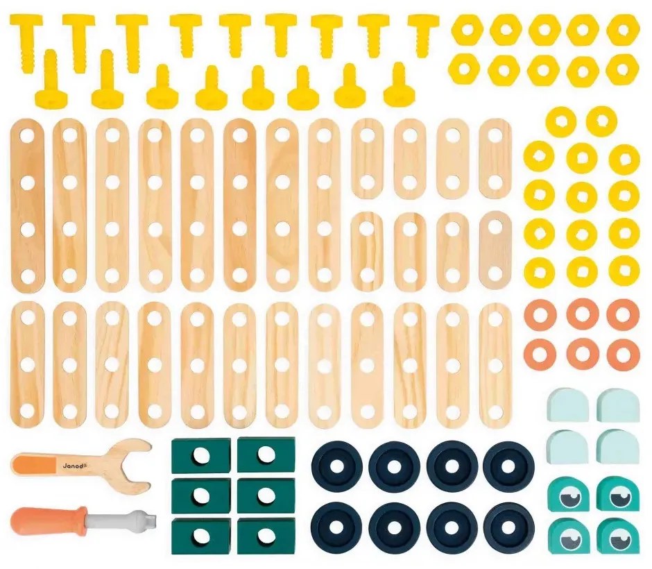 BricoKids - Drevená montážna stavebnica s náradím - 100 ks