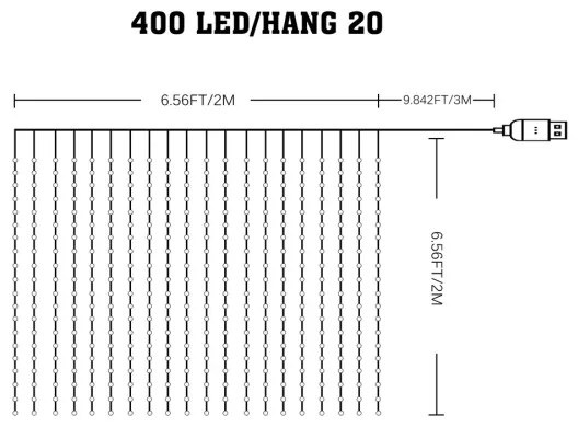 LED RGB Stmievateľný vianočný záves WIZARD 400xLED/USB 2x2m + diaľkové ovládanie