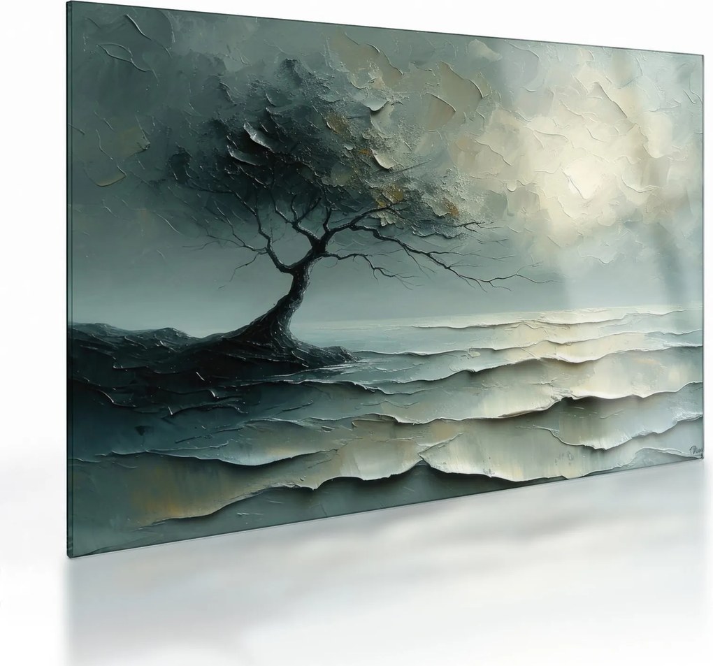 Sklenený obraz - Olejomaľba stromu s oceánom (70x50 cm)