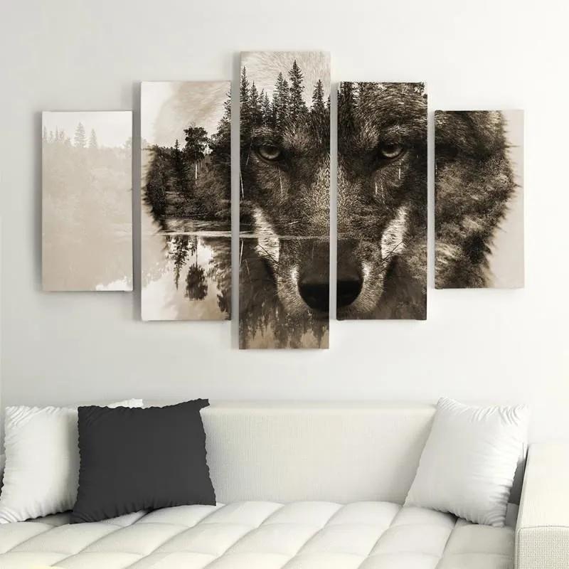 Obraz na plátně pětidílný Vlk SALONOU na pozadí přírodního lesa - 200x100 cm