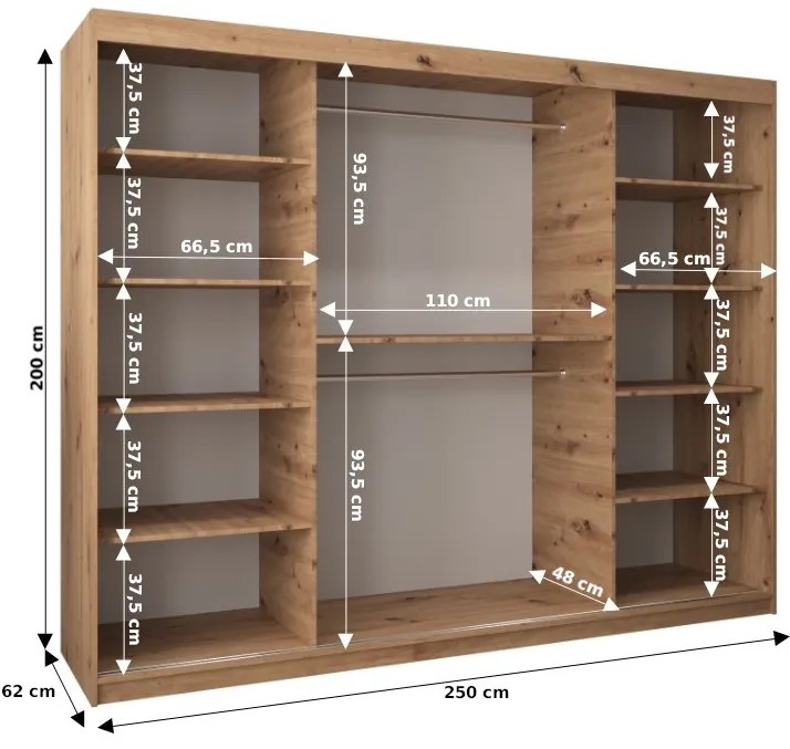 Šatníková skriňa 250 cm Toki (Biela matná + Dub artisan). Akcia -43%. Vlastná spoľahlivá doprava až k Vám domov. 1064861