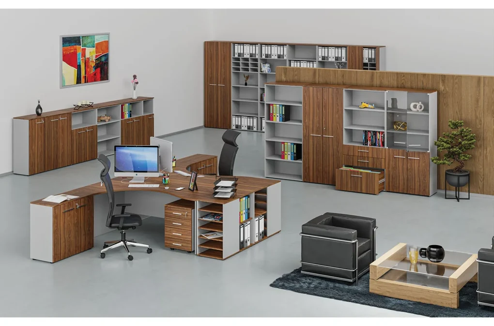 Kombinovaná kancelárska skriňa PRIMO GRAY, zasúvacie dvere na 2 poschodia, 800 x 420 x 1434 mm, sivá/orech