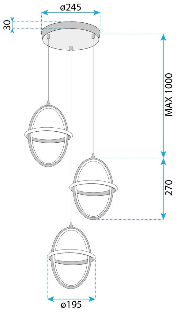 Toolight Toolight, LED závesné svietidlo 3x 20x28cm, 60W, 4000K, 4200lm, G064-3CPR, zlatá lesklá, OSW-08696