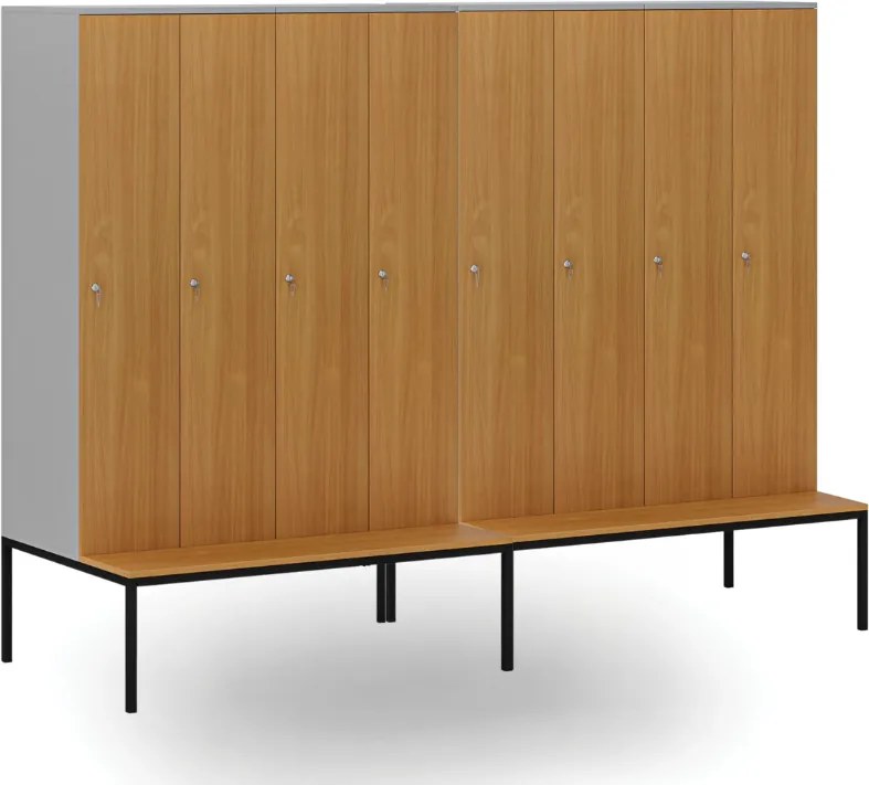 Drevená šatníková skrinka S4 s lavičkou, 4 oddiely, 1871 x 1200 x 500/800 mm, demont, cylindrický zámok, sivá/breza