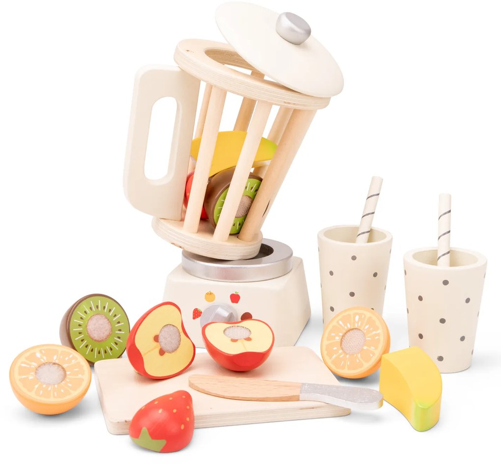 Drevený smoothie mixér s ovocím