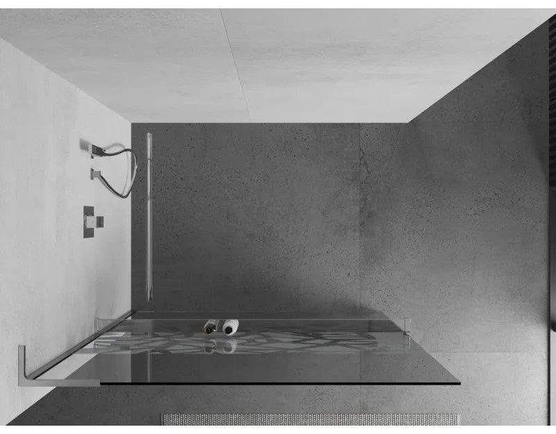 Mexen Kioto+ L, sprchová zástena Walk-In s poličkou a vešiakom 100 x 200 cm, 8mm číre sklo biely vzor, chrómový profil, 800-100-123-01-85