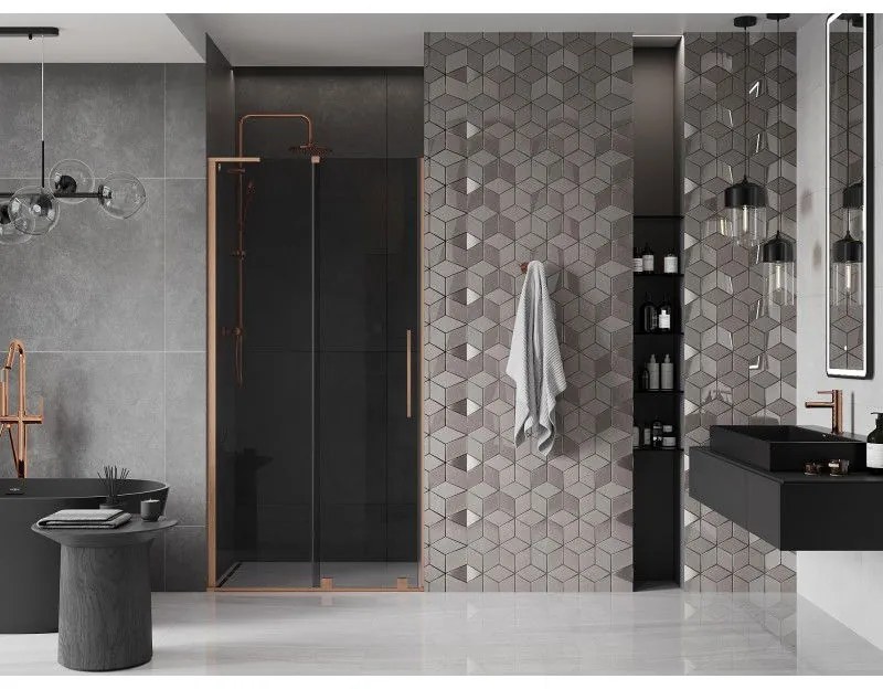 Mexen Velar L, posuvné sprchové dvere do otvoru 90 cm, 8mm šedé sklo, medená matná, 871-090-003-41-65