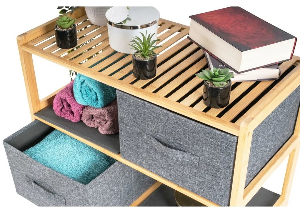 G21 Bambusový regál s košíkmi, 3 police, sivápolice, sivá, 3 poschodia