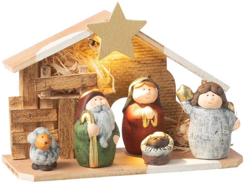 Prírodný svietiaci Betlehem s keramickými postavičkami Nativity - 21*8*16 cm