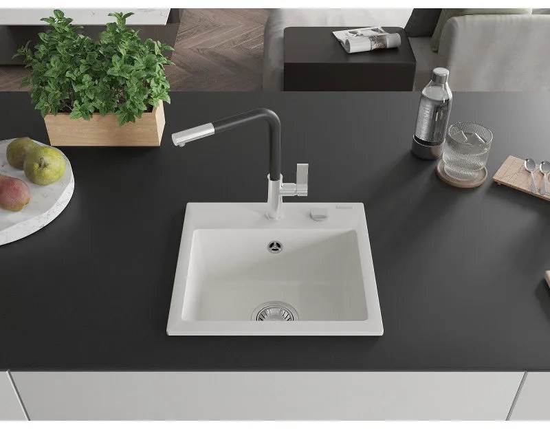 Mexen Milo, 1-komorový granitový drez 435x410x171 mm a drezová batéria Flora, biela, 6505-20-670401-07