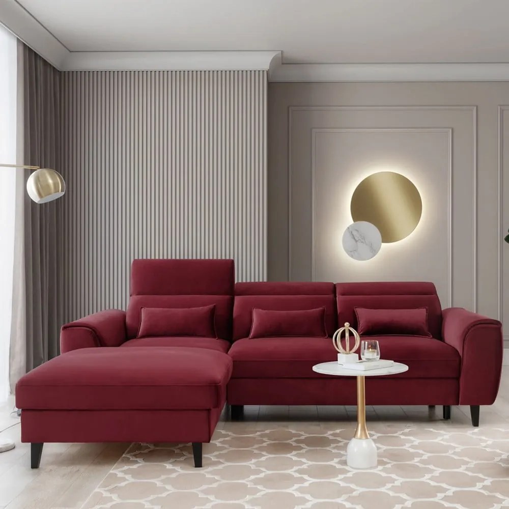 Červená zamatová rozkladacia/s úložným priestorom rohová pohovka (ľavý roh/s leňoškou) Foble – ELTAP