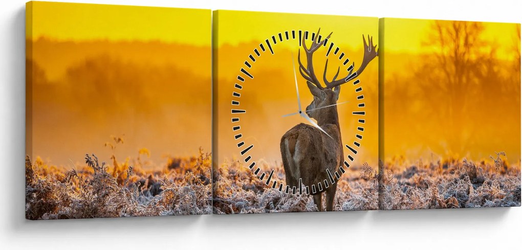 Obraz - Jeleň pri východe slnka (s hodinami) (90x30 cm)