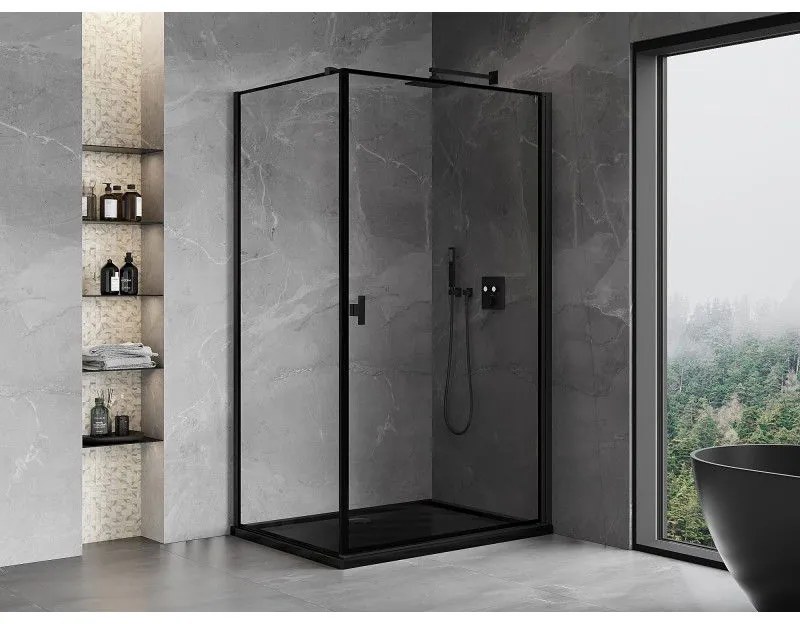 Mexen Mist-B, 1-krídlový výklopný sprchový kút, pravý, 70 x 75 cm, číre sklo-čierny rám, 8A2T-070-075-70-70-P