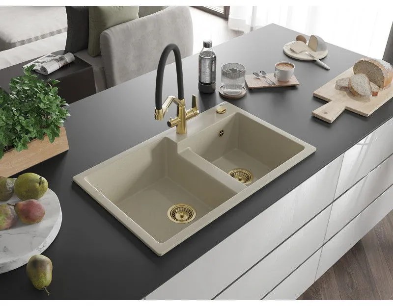 Mexen Tomas, 2-komorový granitový drez 800x500x190 mm a kuchynská batéria Duo, béžová, 6516-69-671701-57-G