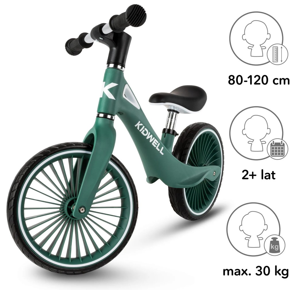 Kidwell NIX balančný bicykel tmavozelený – ľahký nylonový rám 3,05 kg, PU kolesá, EN71