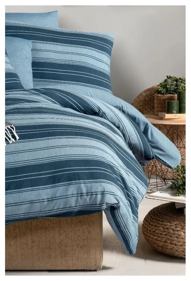 Modré 4-dielne predĺžené obliečky na dvojlôžko s plachtou 200x220 cm Stripes – Mila Home