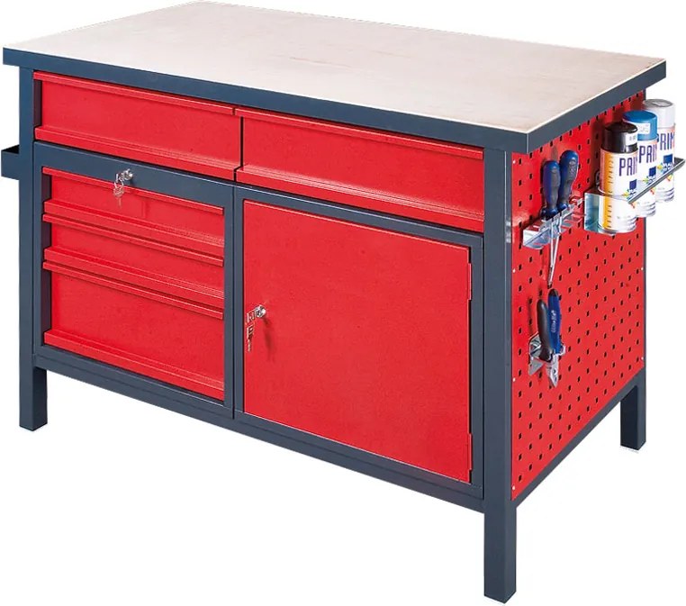 Dielenský pracovný stôl GD, 5 zásuviek, smrek + buková preglejka, 5 zásuviek, 1 skrinka, 1190 x 600 x 850 mm, grafit / červená