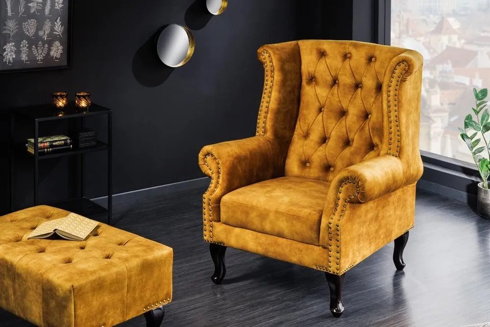 Invicta Interior - Kreslo CHESTERFIELD 85cm, horčicovo žlté, zamat