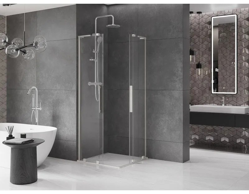 Mexen Velar L Duo, sprchový kút s posuvnými dverami 90 x 90 cm, 8mm číre sklo, brúsená oceľ, 871-090-090-02-03-97